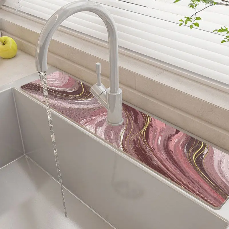 VIKAMA Pink Marble Gold Vein Sink Faucet Drip Mat Absorbent Kitchen Counter Drain Pad Non Slip Quick Dry Tableware Drying Mat