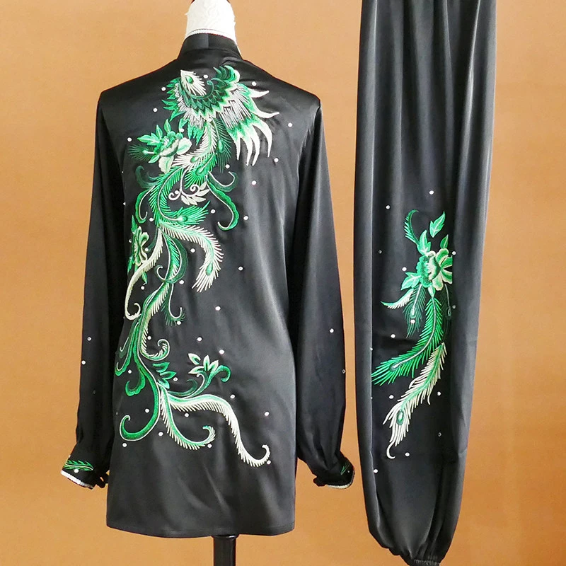 Long Sleeve Green Embroidered Phoenix Tai Chi Uniform Tai Chi Morning Exercise Suit Team Competition Performance Women Custom