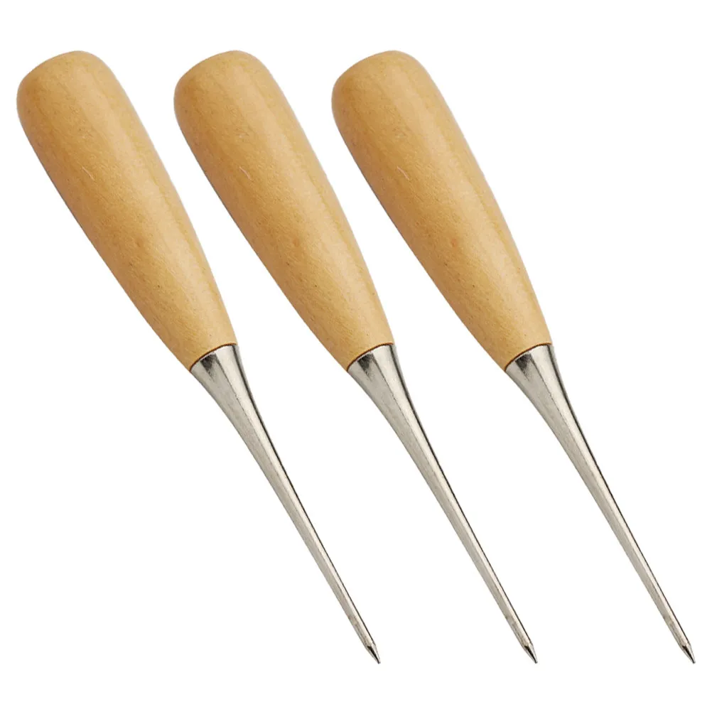 3Pcs Handheld Sewing Awl Premium Craft Tool Solid Wood Handle for Shoe Repair Embroidery Perforating Stitching DIY