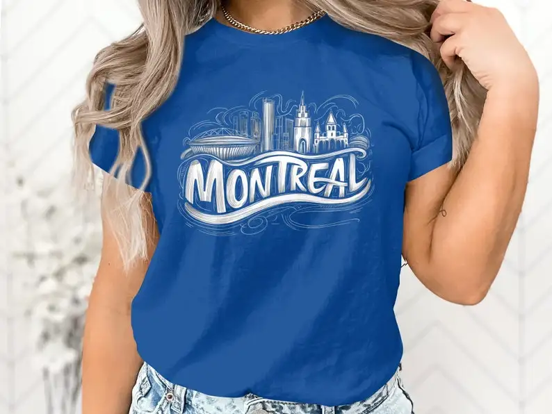 

Montreal City Skyline Graphic T-Shirt Unique Cityscape Art Black and White Urban Design