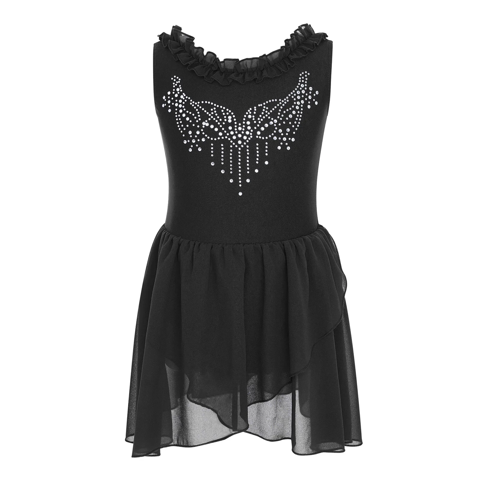 Kids Girls Ballet Dresses Sparkling Rhinestones Ruffled Collar Sleeveless U-Back Dance Leotard Dress for Performance Competition