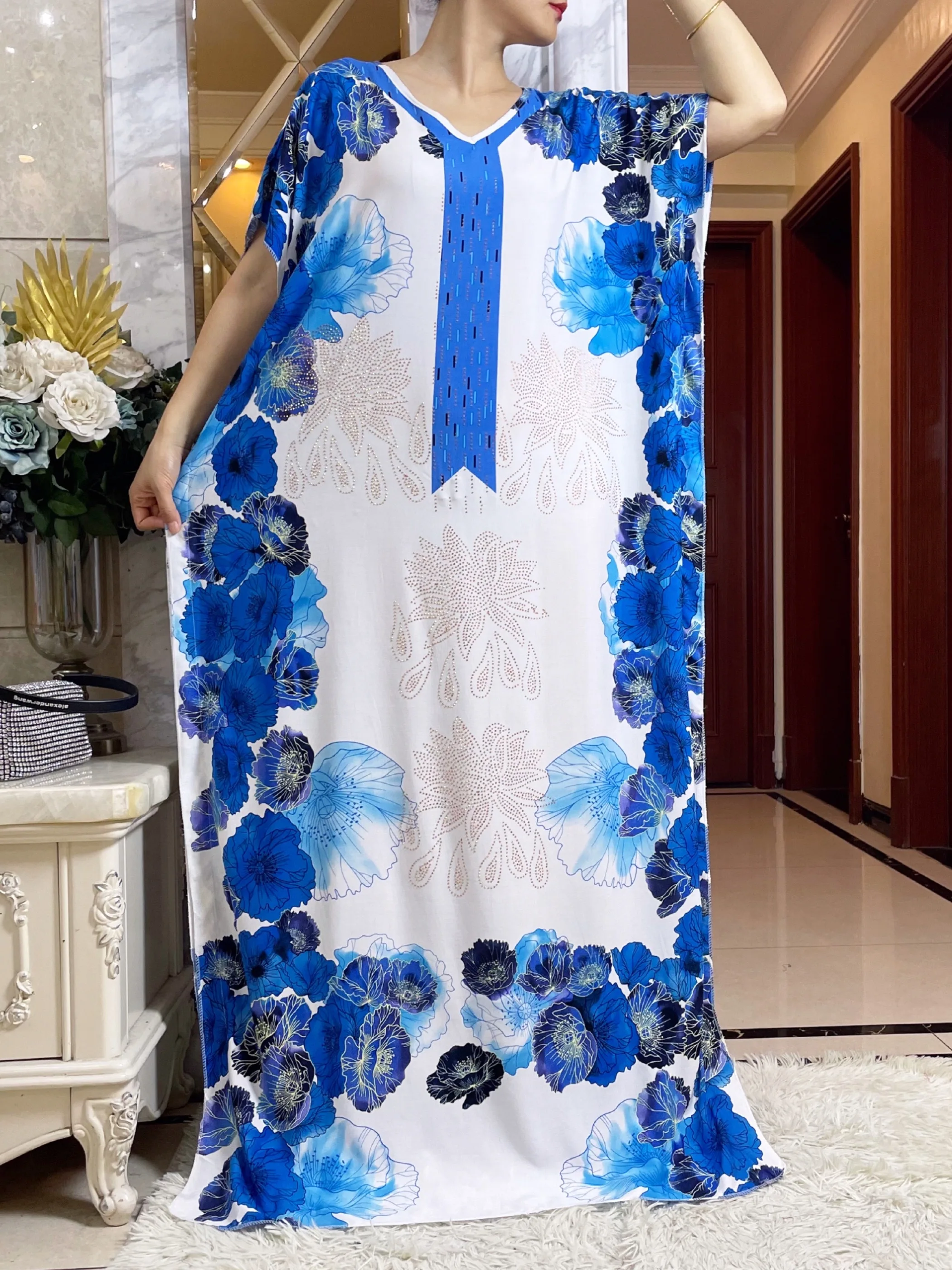 New Summer Party Dress Short Sleeve With Big Scarf Printing Floral Loose Boubou Maxi Islam Women African Abaya Clothing