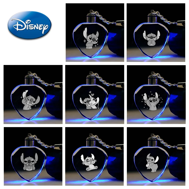 Disney Lilo and Stitch Anime Figures Heart-shaped Crystal Pendant Lamps Customized Keychain Night Lights Children Cute Toys Gift