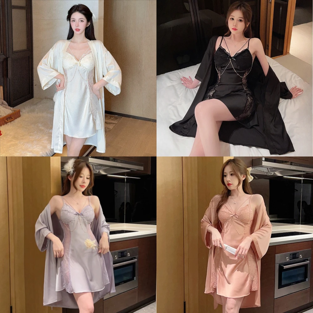 

Twinset Lace Female Robe Set Women Rayon Nightgown Bathrobe Suit Summer Kimono Gown Sleepwear Home Dress Loungewear