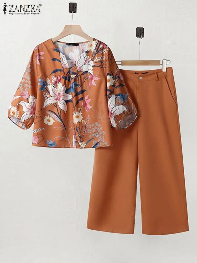 2024 Summer Women Pant Sets ZANZEA 2PCS Holiday Outfits Short Sleeve Floral Blouse Trousers Suit Elegant OL Work Matching Sets