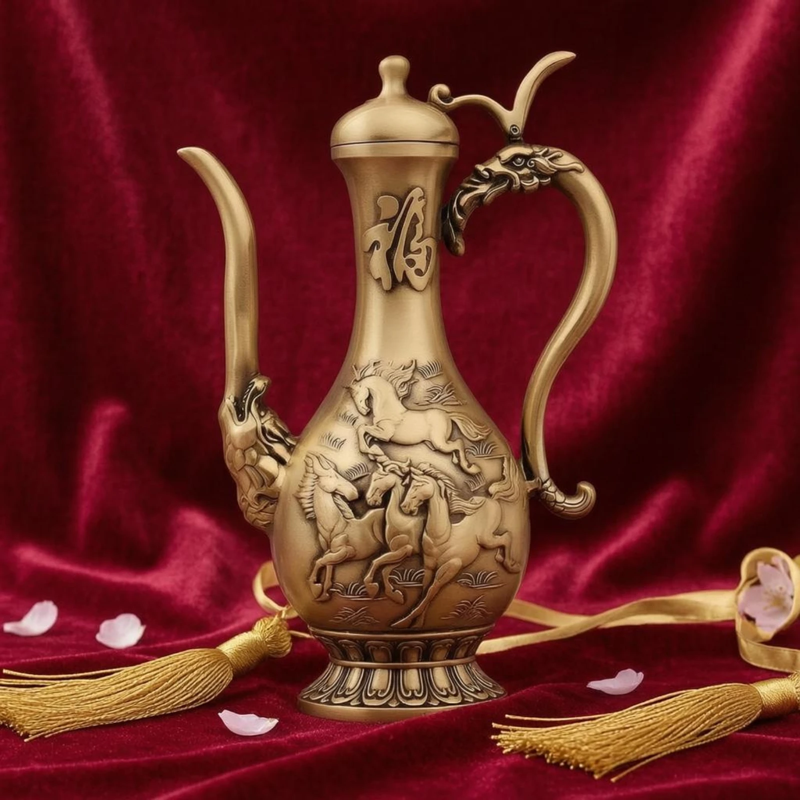 Lidded Brass Wine Pot Gold Tone Galloping Horse Motif Ornate Spirit Pitcher for Chinese Style Display