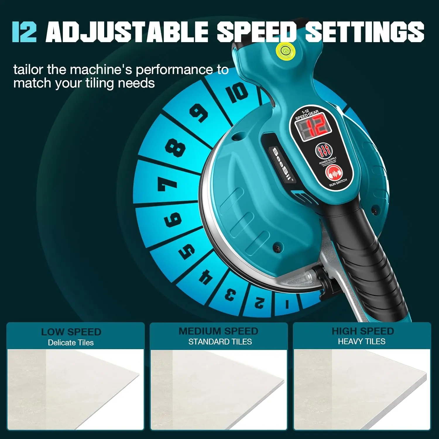 Seesii 12 سرعة آلة وضع البلاط آلة تسوية الاهتزاز 160 مللي متر شفط كبير جهاز تسوية بلاط السيراميك اللاسلكي