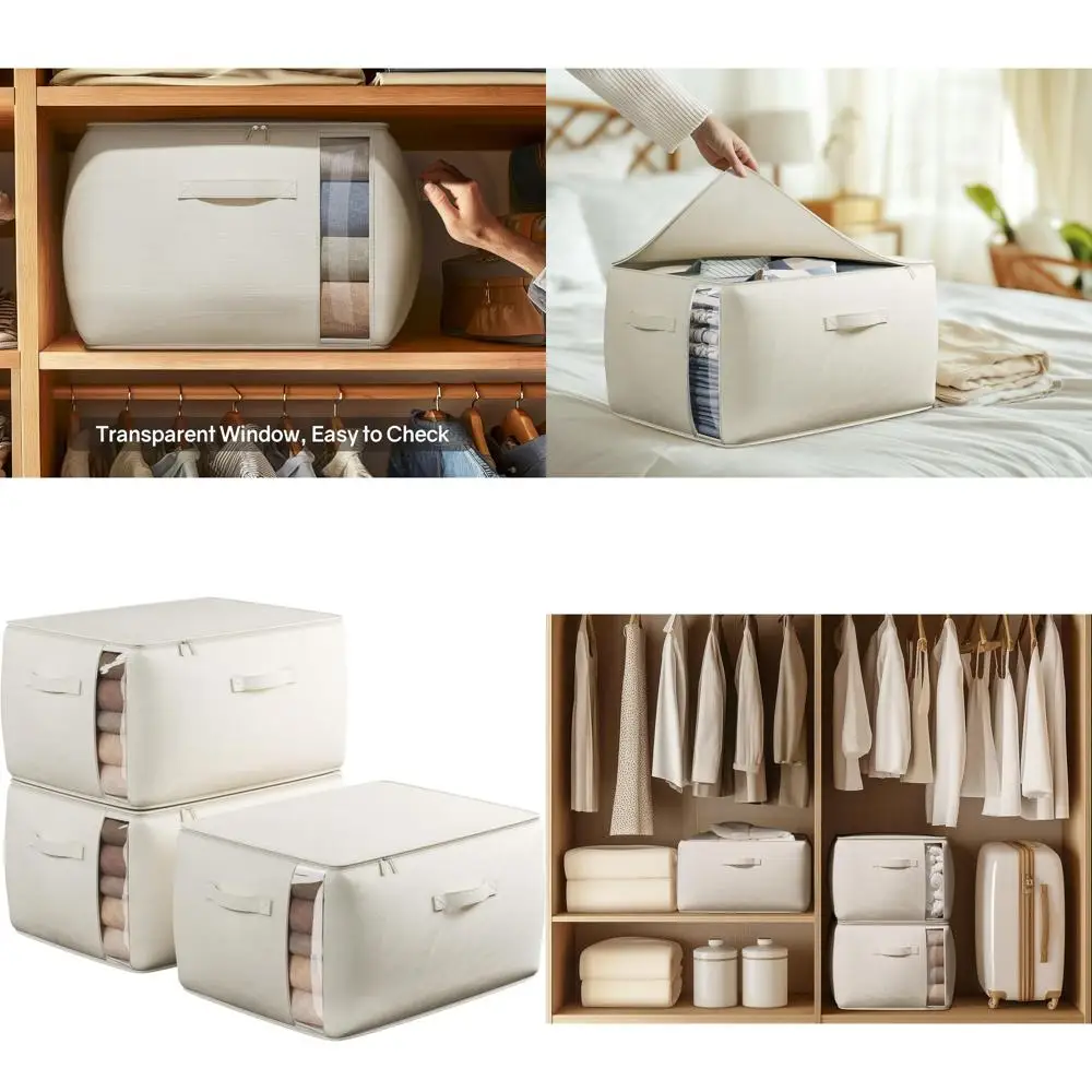 

3-Piece 70L Canvas Storage Bags with Clear View and Sturdy Handles for Clothes, Blankets, and Bedding, Beige
