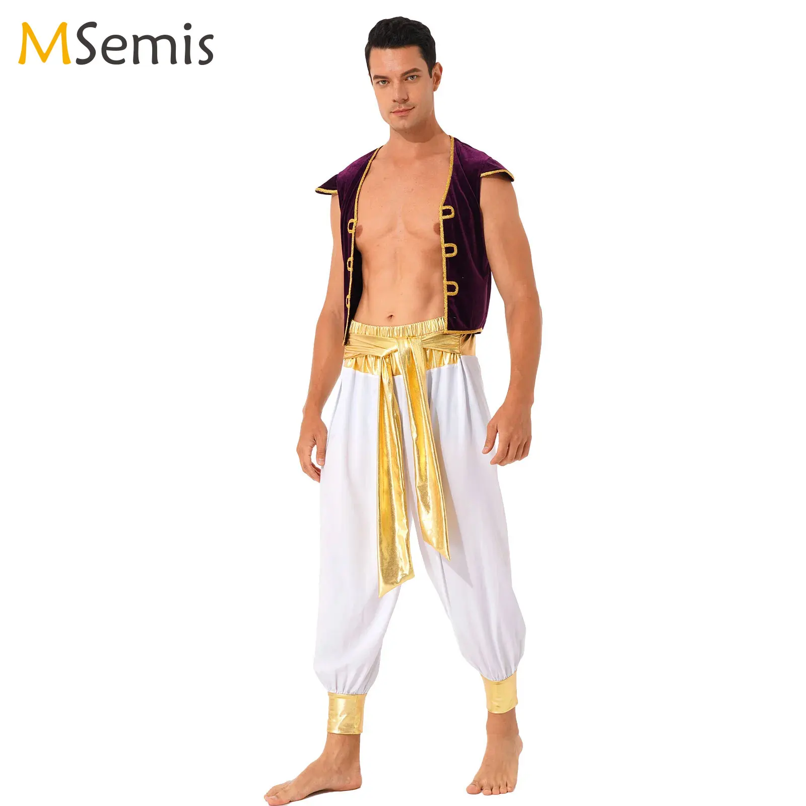 Costume de Prince Arabe d'Halloween pour Homme, Cardigan en Velours à Manches, Pantalon Sarouel Glacé Trempé, Tenues de Carnaval Cosplay de Noël