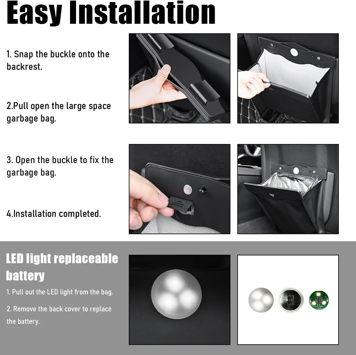 حقيبة قمامة معلقة للسيارة، سلة قمامة مغناطيسية قابلة للطي مع مصابيح LED، جيب تخزين جلدي مقاوم للماء - أسود