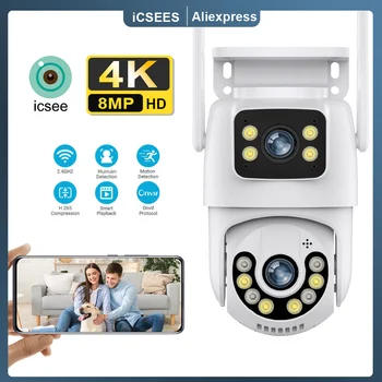 8MP 4K PTZ Wifi 카메라 듀얼 렌즈 무선 야외 감시 카메라 Ai 인간 감지 보안 IP 카메라 자동 추적 iCSee App