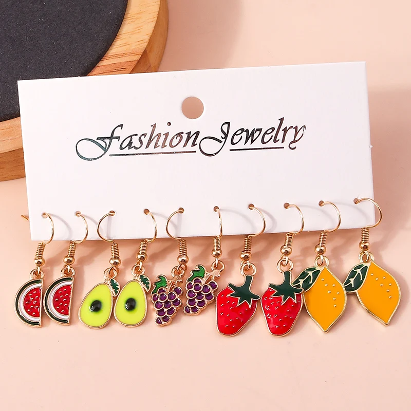 Aihua Lovely Enamel Fuirts Earrings Sets for Women Kawaii Watermelon Avocado Lemon Grape Dangle Earrings Party Jewelry Gifts