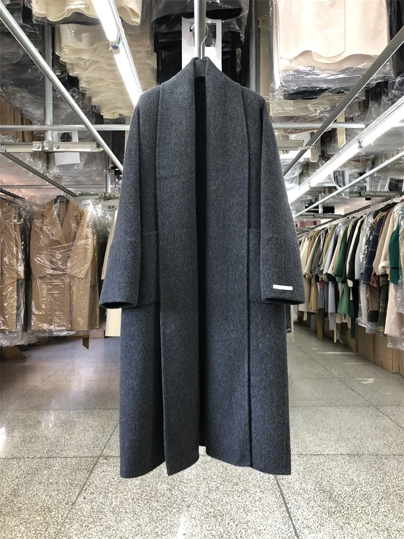 Cappotto in cashmere double face stile accappatoio con colletto grande per donna Autunno Inverno Cappotti lunghi di lana belli Cappotto di lana semplice allentato