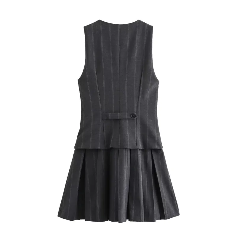 TRAF-minivestido a rayas para mujer, vestido Midi estilo chaleco de otoño, dobladillo ancho plisado, vestidos con cremallera lateral, Vestido corto femenino