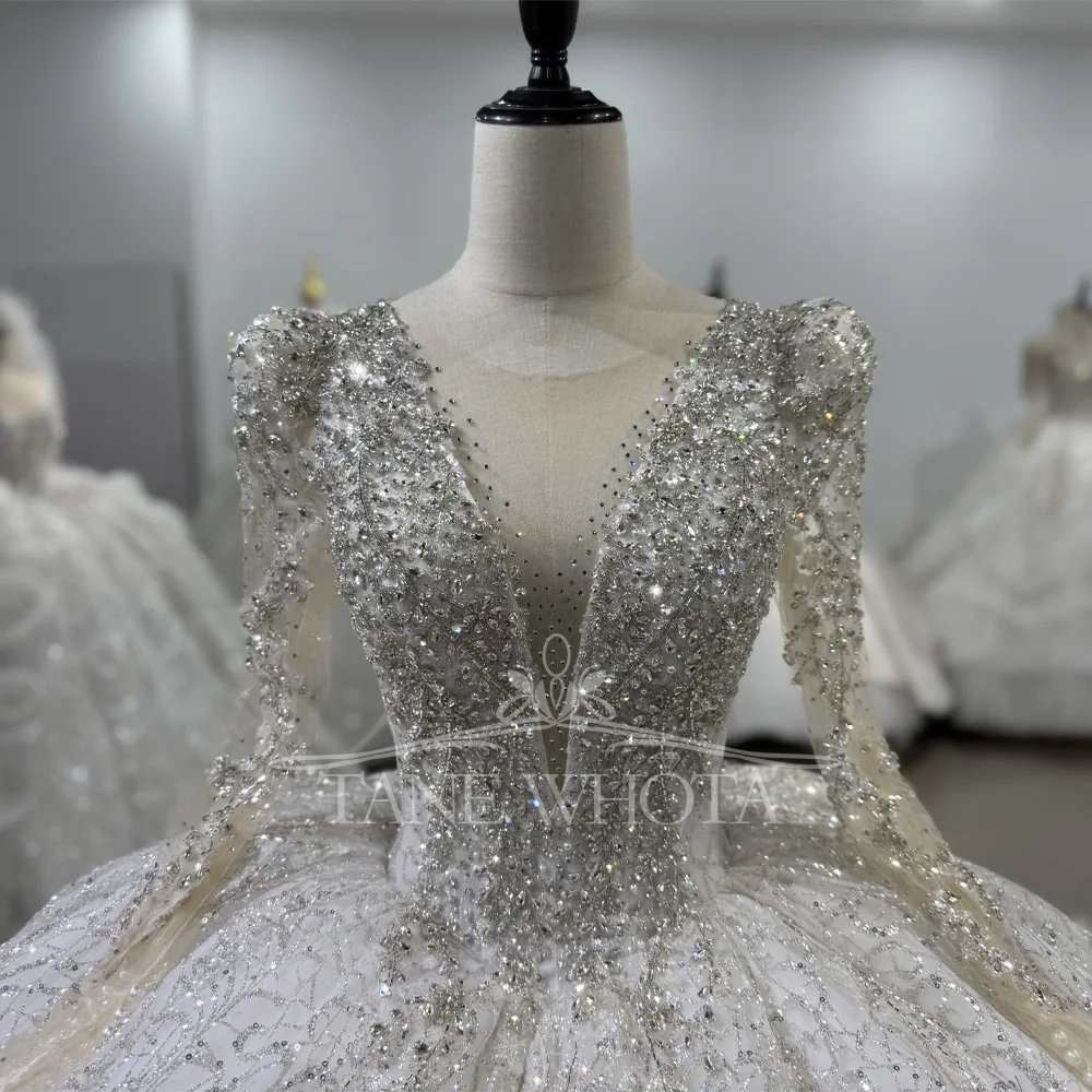 웨딩드레스 하이 롱 슬리브 크리스탈 스팽글 웨딩드레스 레이스업 키홀 백 맞춤형 볼 가운 신부용