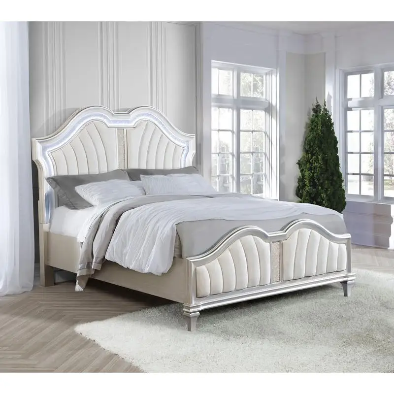 Ivory and Silver Oak Queen Platform Bed with LED Light Feature