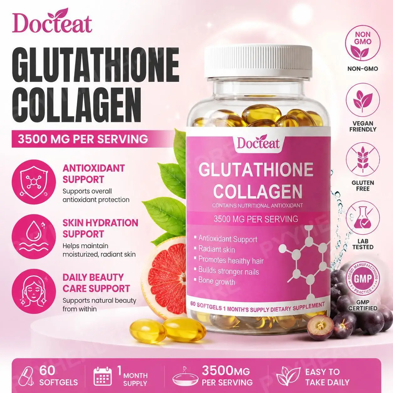 Glutathione Collagen Softgels with Vitamin C E, Hyaluronic Acid and Grape Seed, Beauty Antioxidant Support for Adults, 60 Count