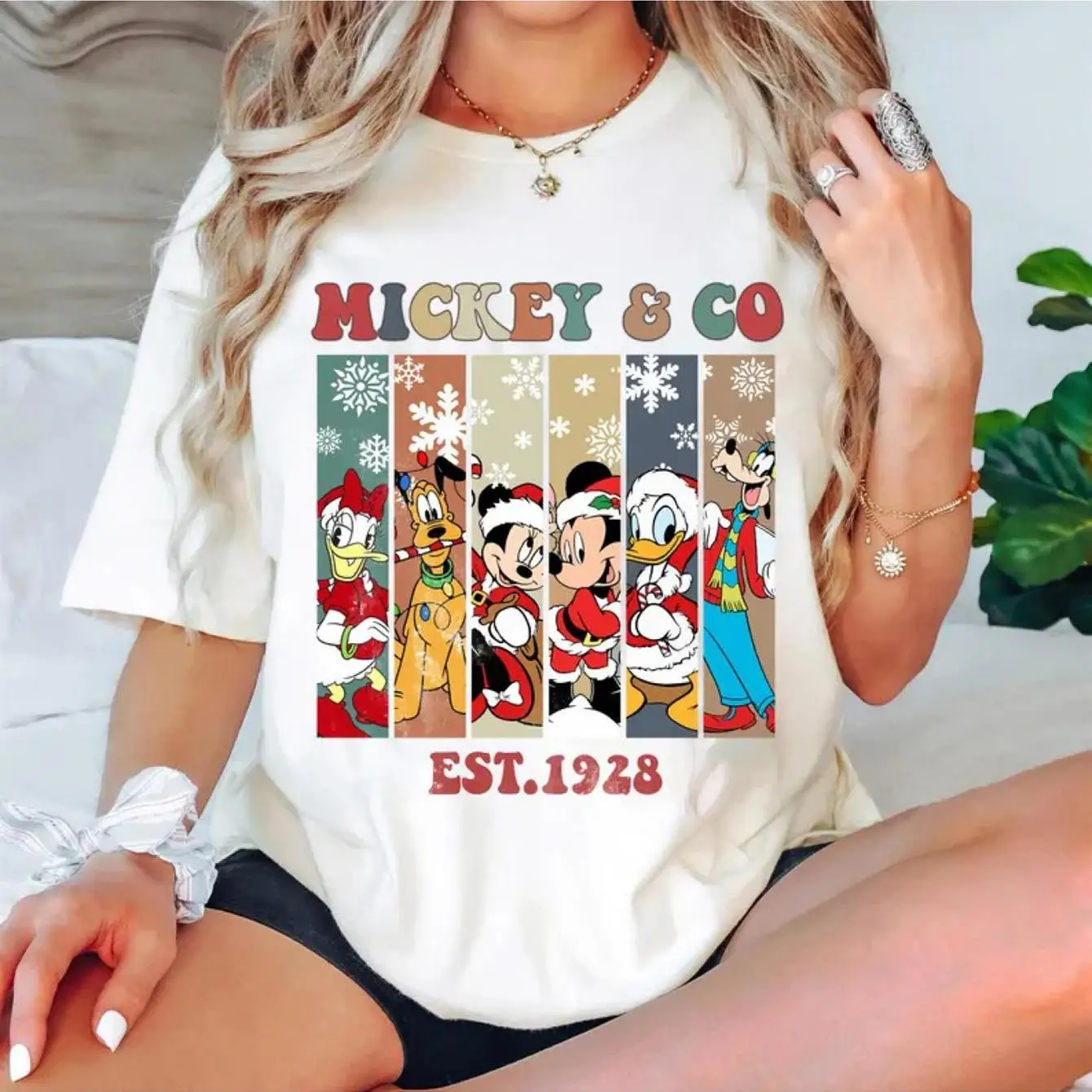 ديزني ميكي ماوس عيد الميلاد تي شيرت القطن الرجال النساء عارضة العصرية المتضخم فضفاضة قصيرة الأكمام للجنسين الحدث الزي
