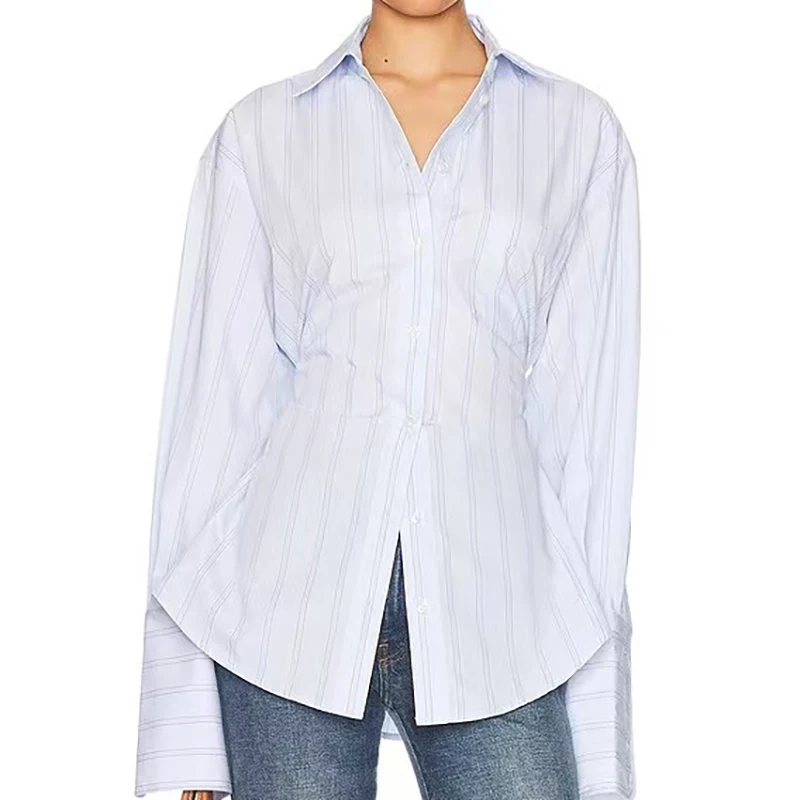 

Ladies' striped shirt, tied waist top, lapel long sleeved casual loose shirt, high-quality pure cotton, 2025, new style