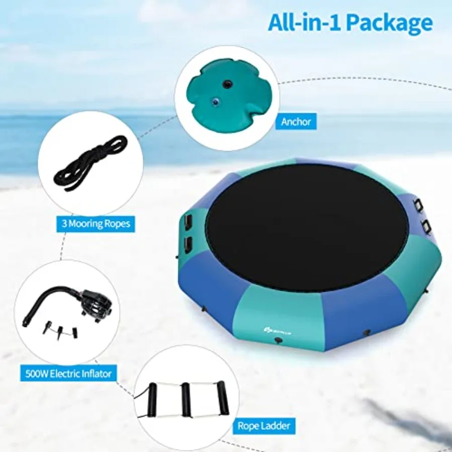 Trampolim Aquático Inflável 10FT 12FT 15FT Bouncer Aquático Recreativo com Inflador Elétrico, Escada de Corda, Cordas de Ancoragem