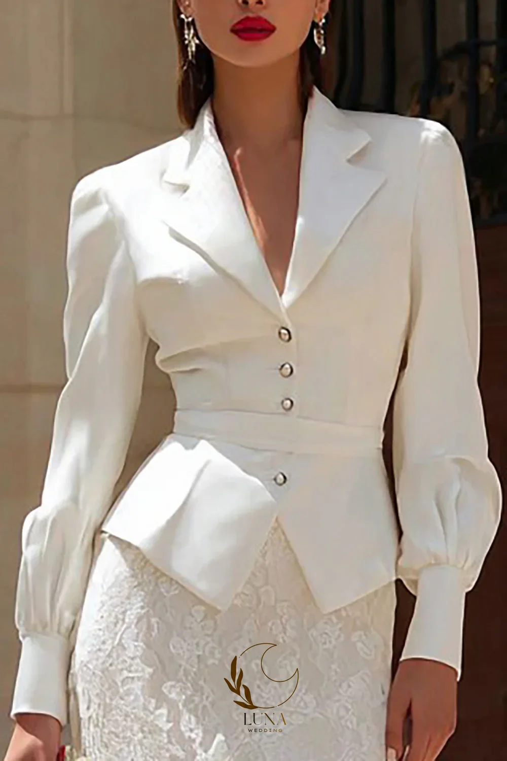 Luna Customized Notched Lapel 2 Piece Bodycon Midi Civil Wedding Outfits with Sleeves Sheath Modern Vestidos De Novia Bride
