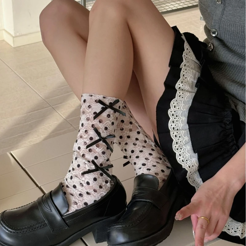 Y2K Aesthetic Polka Dot Lace Socks Women's  Vintage Lace Crew Socks with Bow Detail Daily Wear Clothing & Accessories