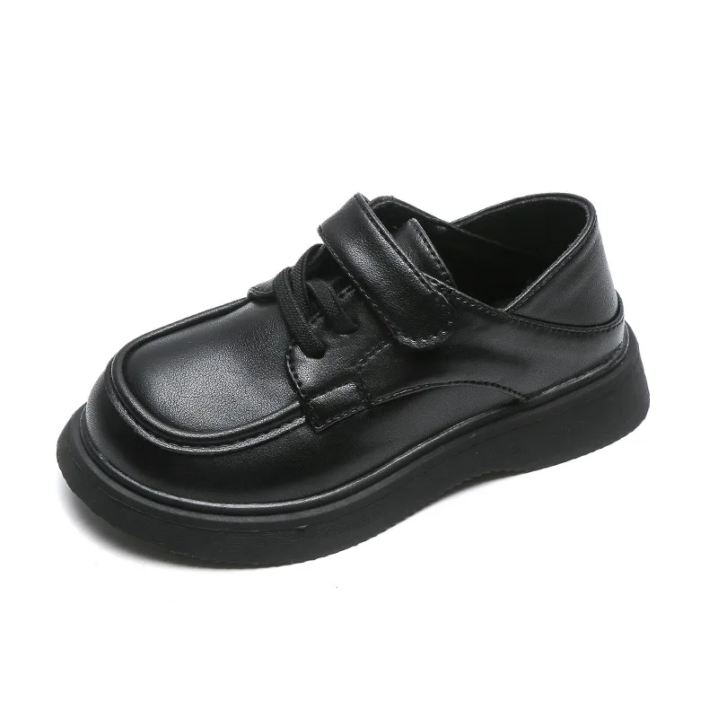 Children Little PU Black Shoes 2022 Spring New Britain Style Retro Loafers Japanese Lace-up School Shoes for Girls and Boys Flat