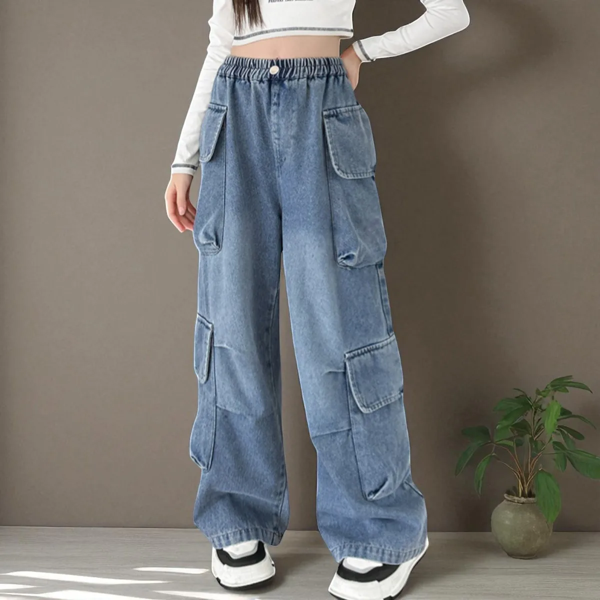 

Girls Cargo Denim Pants Girls Jeans Outfits Wide Leg Cargo Pants Girls Trousers Streetwear Children Toddler Clothes 5-9-13 Years