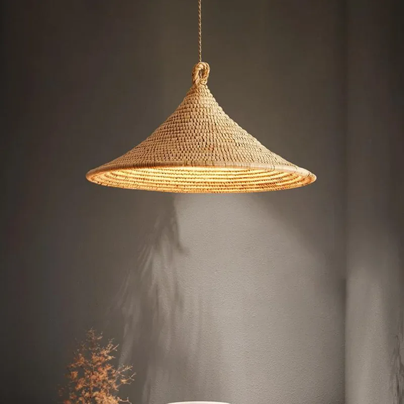 

Japanese rattan art chandelier wabi sandy wind retro creative living room dining chandelier homestay rattan art straw hat led