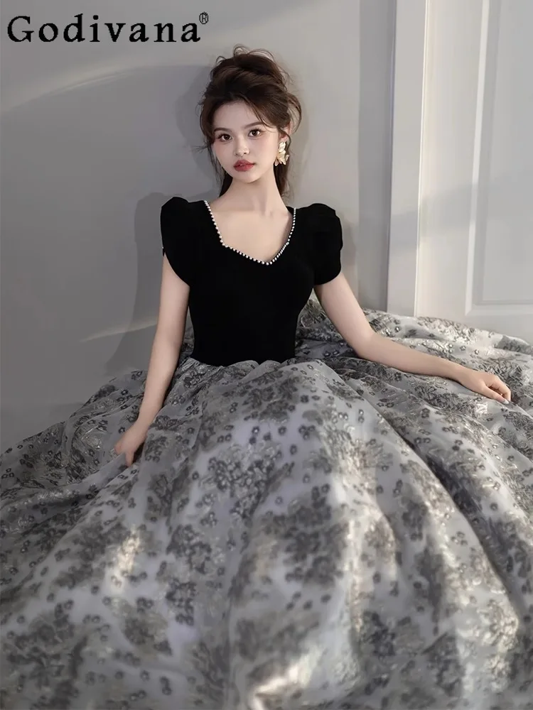 

French Evening Dress Light Luxury High-end Princess Style Lolita Dress Student Elegant Slim Short-sleeved Dress for Women