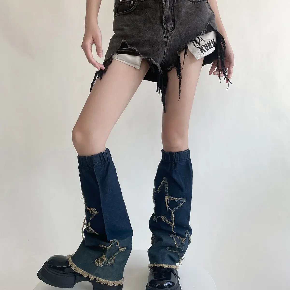Y2K Punk Girl Subculture Denim Adjustable Tightness Leg Garter Horn Women's Leg Warmers Harajuku Foot Sock Long Calf Socks