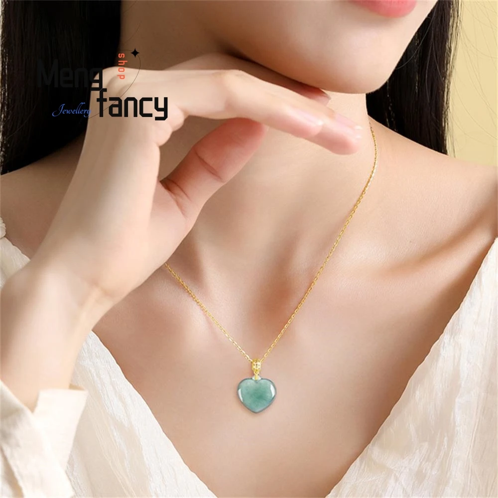 Genuine Natural A-goods Jadeite Blue Water Love Heart Ice Jade Pendant 18K Gold Inlaid Couple Sexy Young Girls Fashion Jewelry