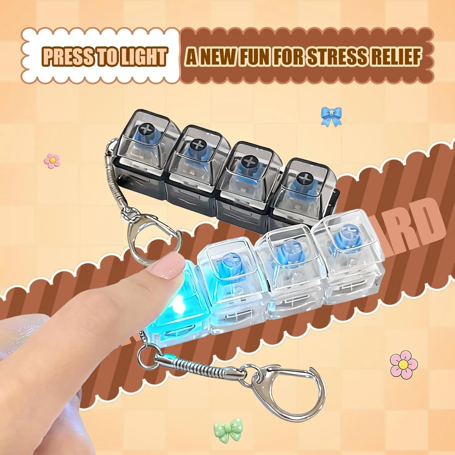 LED Light-Up Keychain Keyboard Clickable Button Fidget Toy for Stress Anxiety Relief Portable Desk Accessory Office Decor Gift