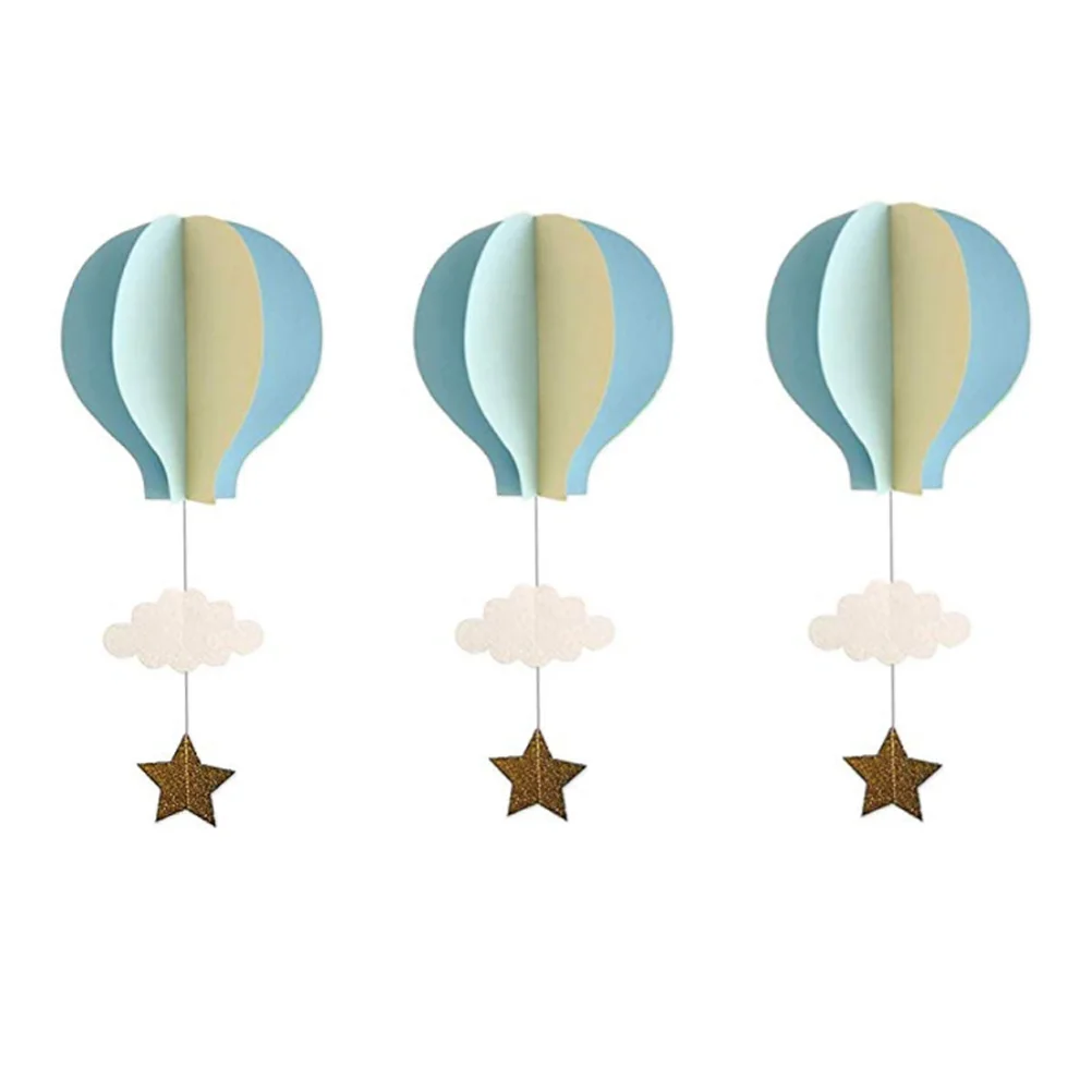 4pcs 3D Paper Pendant Hot Air Balloons Clouds Stars Hanging Ornaments for Home Decor (Light Blue Sky Blue and Beige)