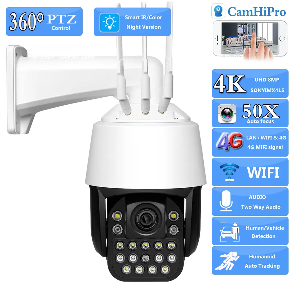 Karta SIM 3G 4G Sony415 4K 8MP 50X Zoom Bezprzewodowa kamera IP Wifi PTZ Dome Śledzenie człowieka IR 150M Dwukierunkowy dźwięk Kolorowy noktowizor