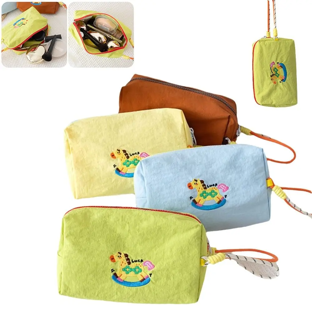 Cute Nylon Waterproof Makeup Bag Horse Embroidered Large Capacity Cosmetic Bag Portable Toiletry Organizer Women