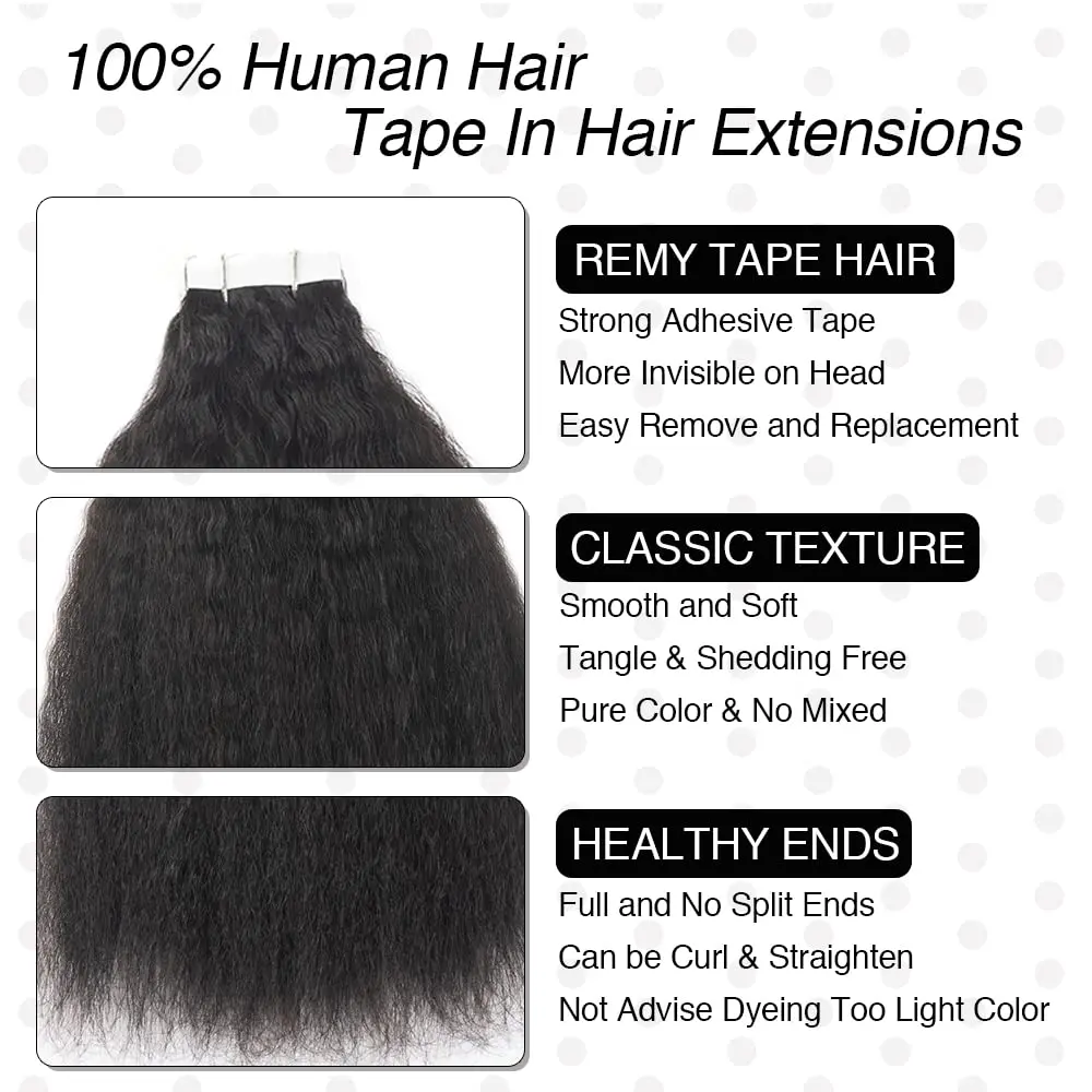 Pita lurus Kinky dalam ekstensi rambut manusia 100% perekat rambut Virgin Remy hitam tak terlihat 12 "-26" inci untuk wanita