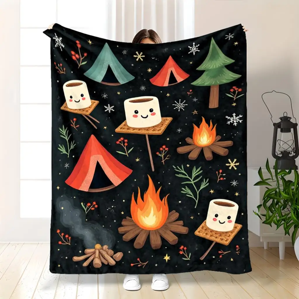 Cozy Aesthetic Camping Throw Blanket Fleece Fall Autumn Bonfire Tents Stars Picnic Decor Nighttime Xmas Gift