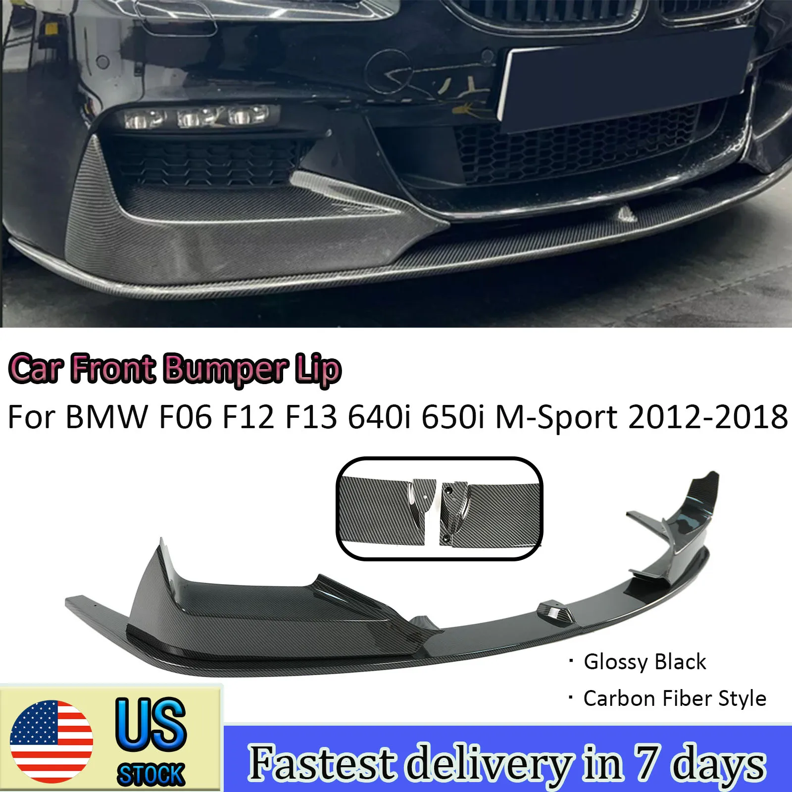 

For BMW F06 F12 F13 640i 650i M-Sport 2012-2018 Front Bumper Lip Automotive Parts ABS Plastic Carbon Fiber Style Glossy Black