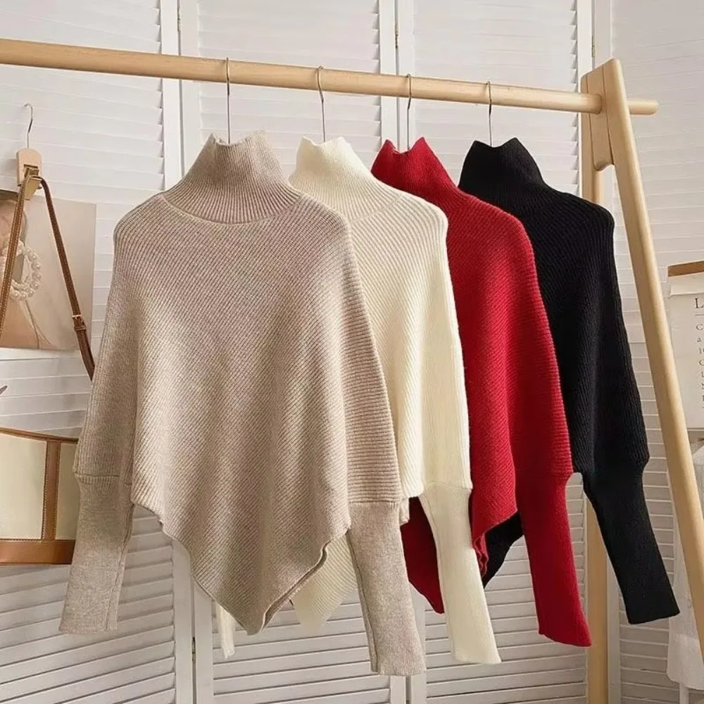 

Fashion Irregular Knit Sweater Warm Thickened Female Pullovers Loose High Neck Long Sleeve Women