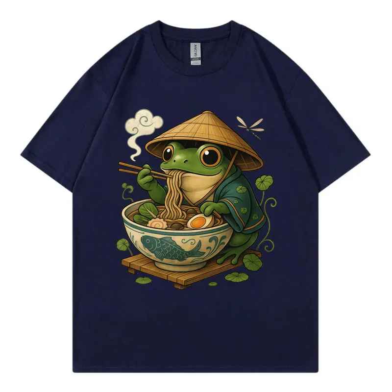 Japanese Frog Noodles Funny Graphic T Shirt High Street Fashion Trend Short Sleeve T-shirt Unisex Casual Comfort Cotton T-shirts