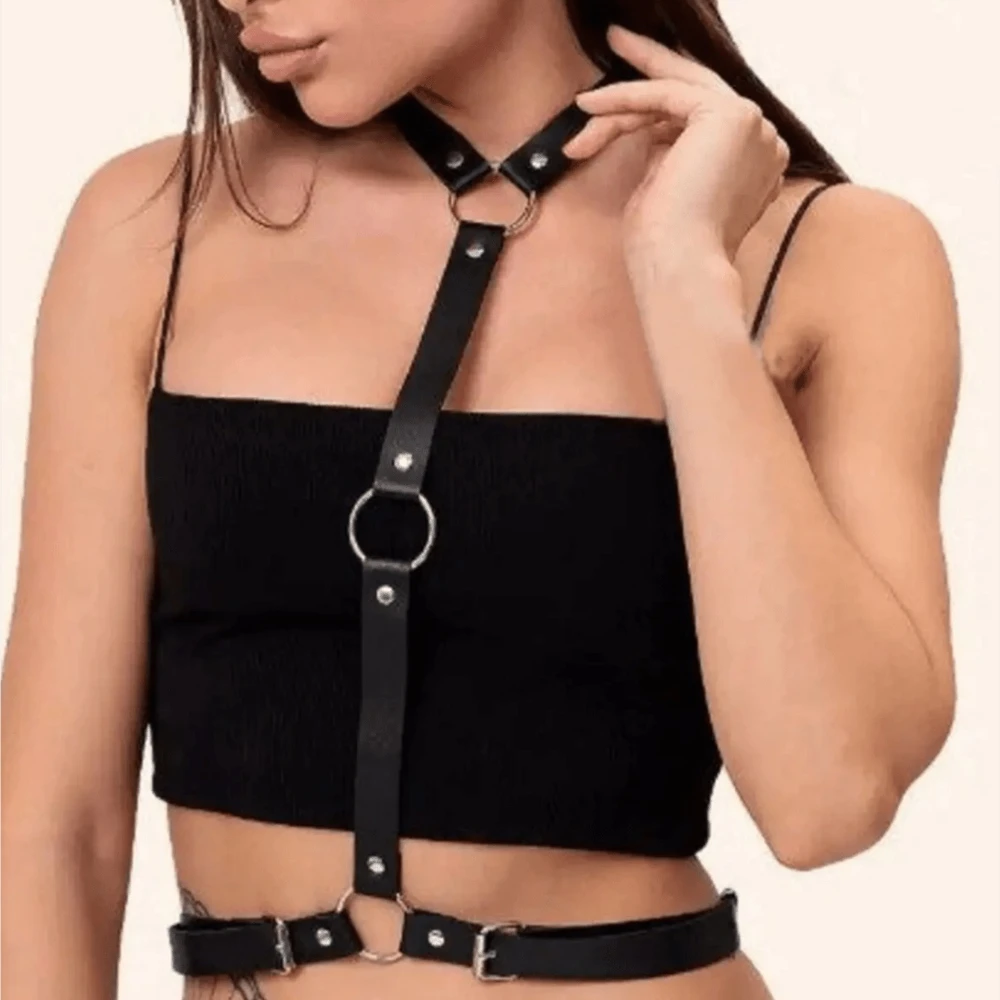 Women's Fashion Belt with Neck Connection Gothic PU Leather Harness Belt Punk Adjustable Belt Exotic Clothing Accessories