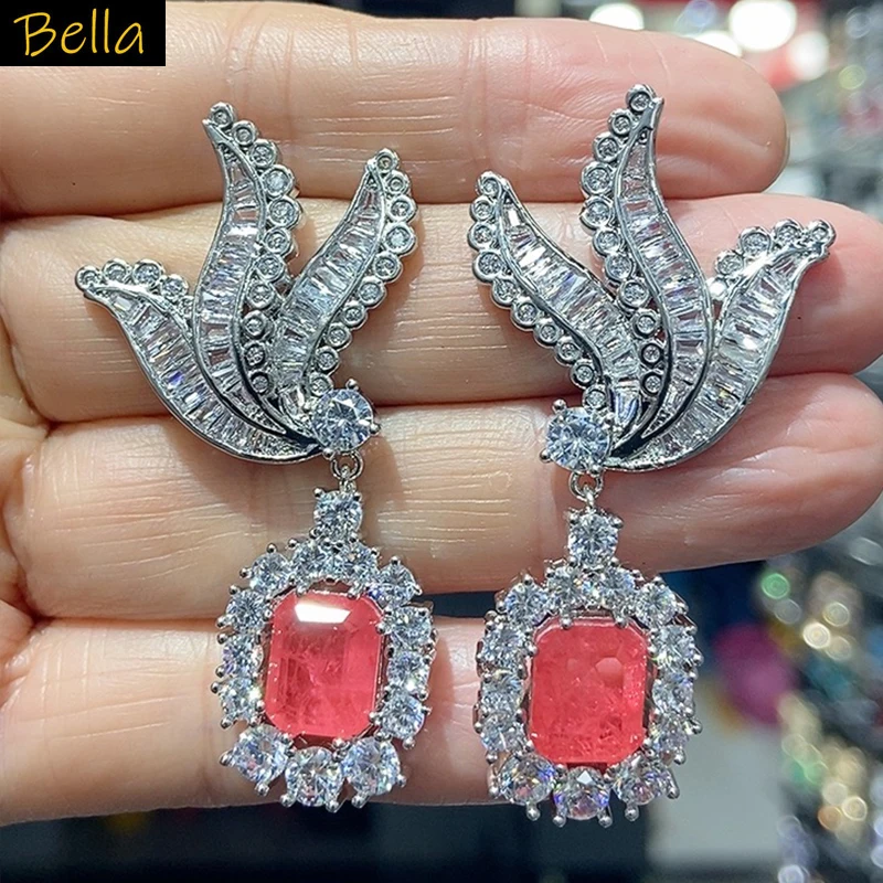 

Женские серьги, роскошные ювелирные изделия, блестящий циркон, розовый, красный блок, висячие серьги, свадебные украшения, вечерняя вечеринка