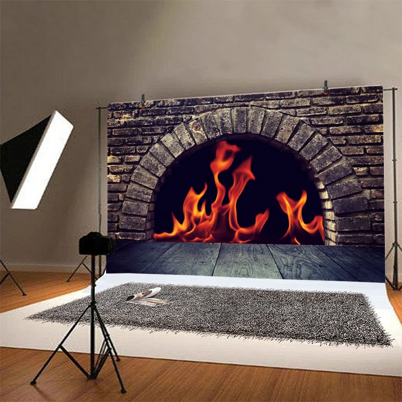 Fireplace Backdrop Xms Brick Stove Fire Burning Flame Room Decor Winter Christmas Party Vinyl Photography Background Home Studio