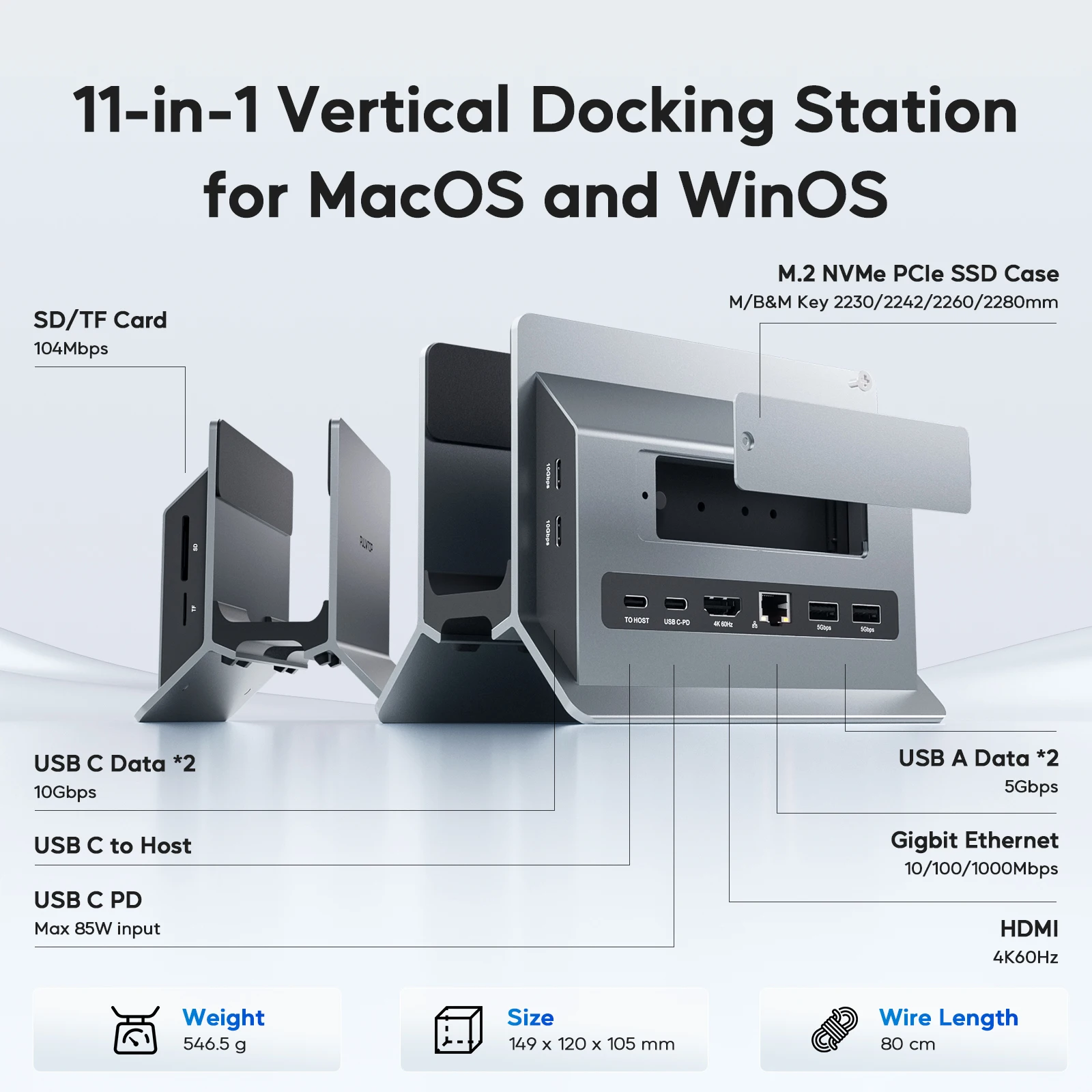 PULWTOP Vertical USB C Docking Station with 4K@60Hz HDMI, 3 USB, SD/TF, PD3.0, RJ45, 3.5mm Audio for MacBook Pro/Air,Laptop