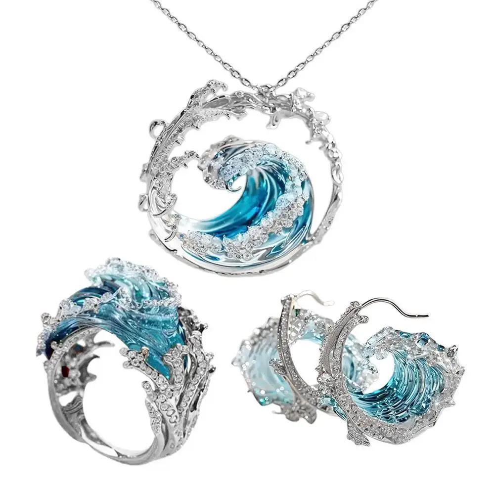 Ocean's Oath Wave Decorative Necklace Earrings Jewelry Set For Women Gift Fashion Sky Blue Decoration Jewelry Gift For Girl