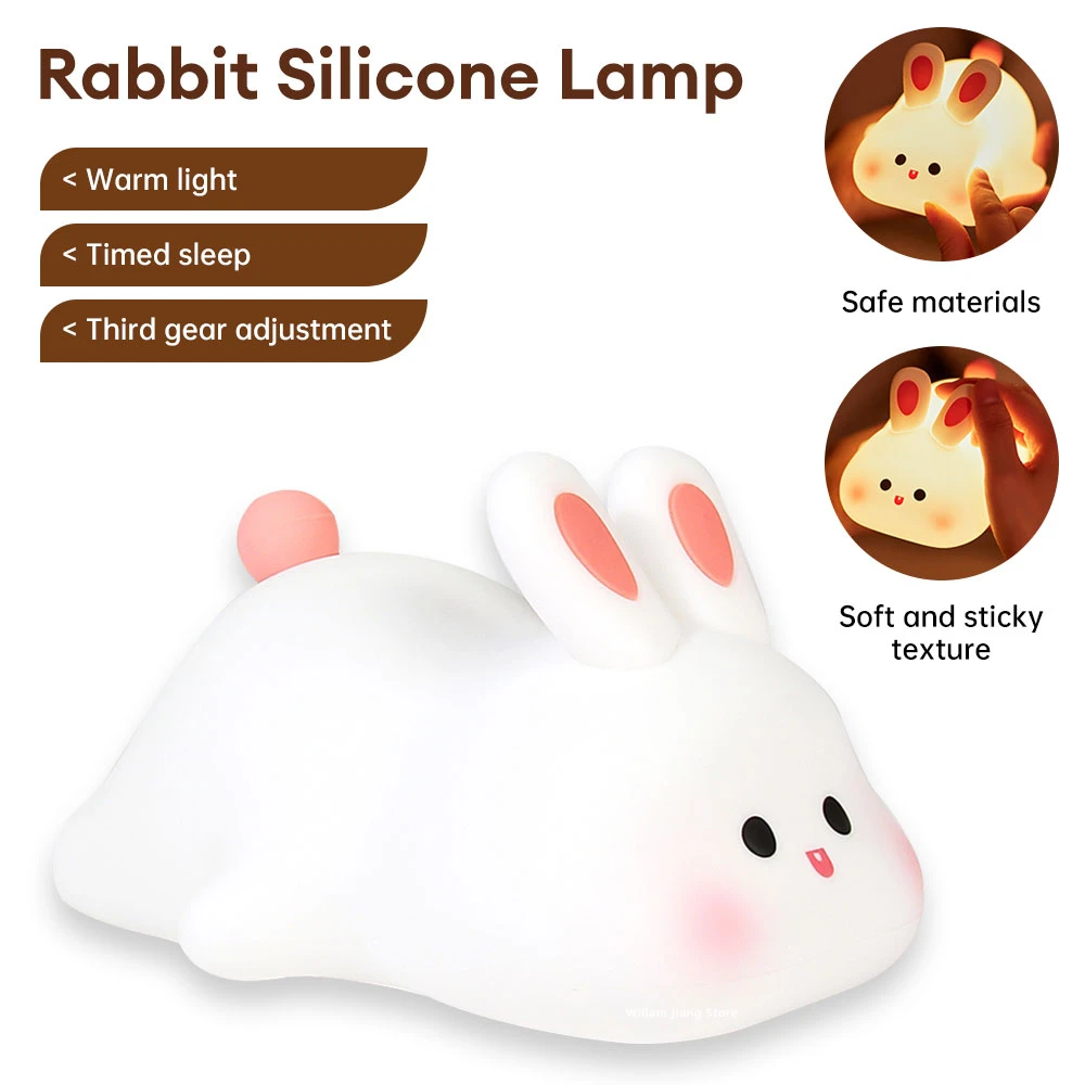 

LED Cute Rabbit Silicone Lamp USB Rechargeable Timed Bedside Decorative Lamp 3-level Dimmable Nursing Bedside Night Light Lights