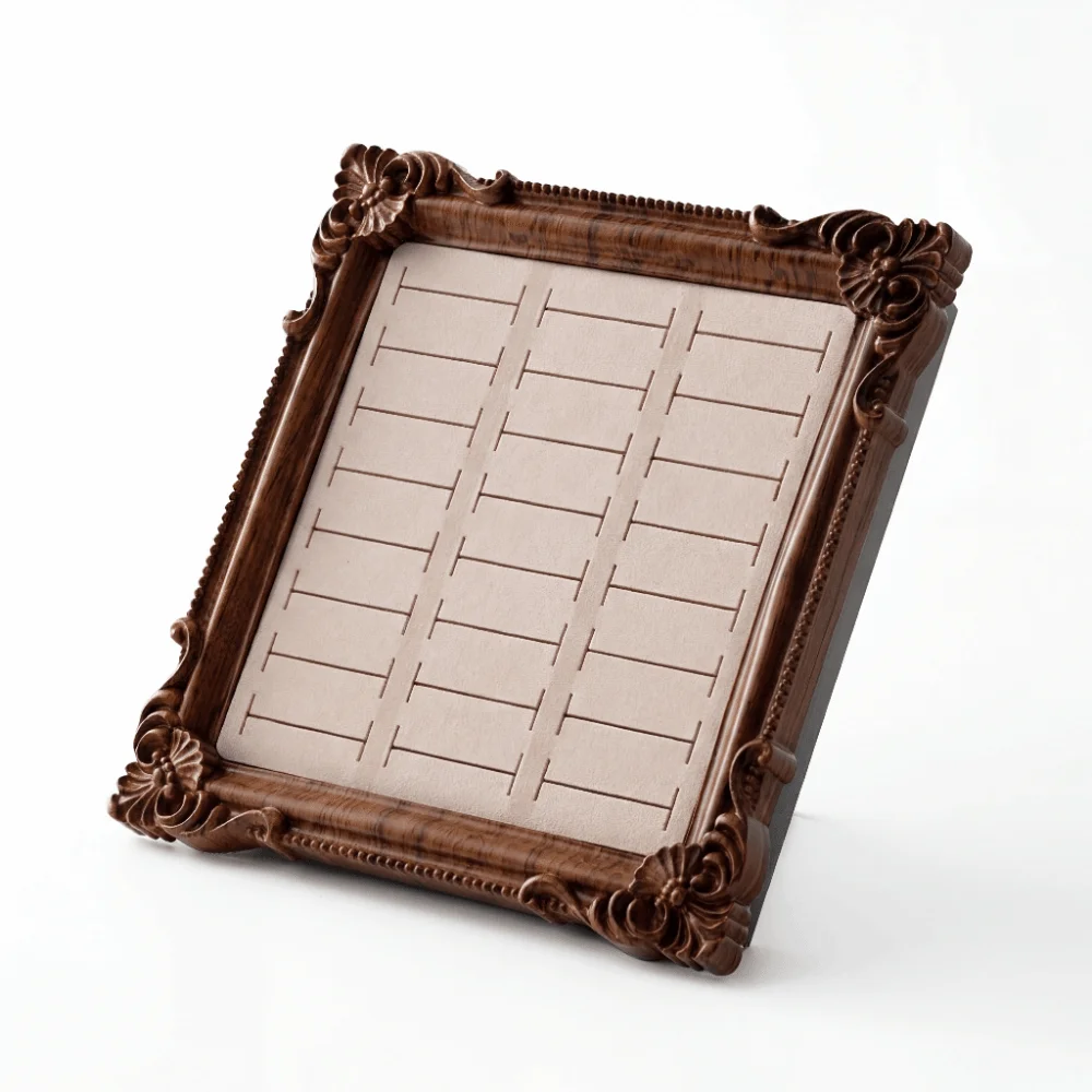 European-style Vintage Jewelry Display Rack Square Aesthetic Photo Frame Wooden Ring Display Gold Trinket Stand