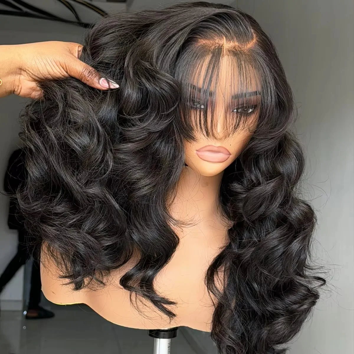 Black Wig Body Wave Lace Front Wig With Bangs 13x4 HD Synthetic And Blend Heat Resistant Pre Plucked Side Part Cosplay For Women