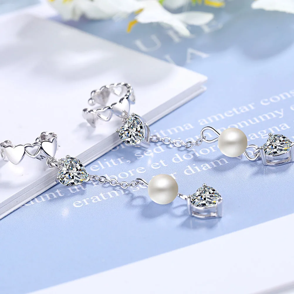 

Heart Shaped Zircon Earrings Clip On Non Piercing White Gold Color Women Ear Cuffs Pearl Heart Design Long Dangle for Women